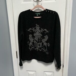 Lauren Ralph Lauren XL Wool Coat Arms Crest Gray Lambswool Sweater piling